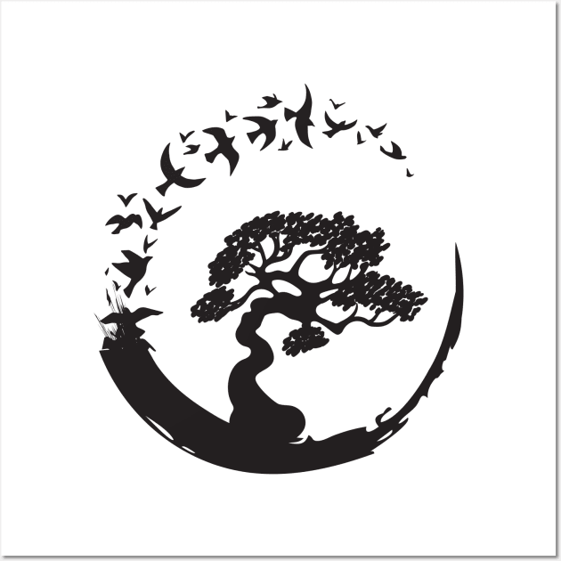 Bonsai Tree in Enso Circle Birds Tee Wall Art by mstory